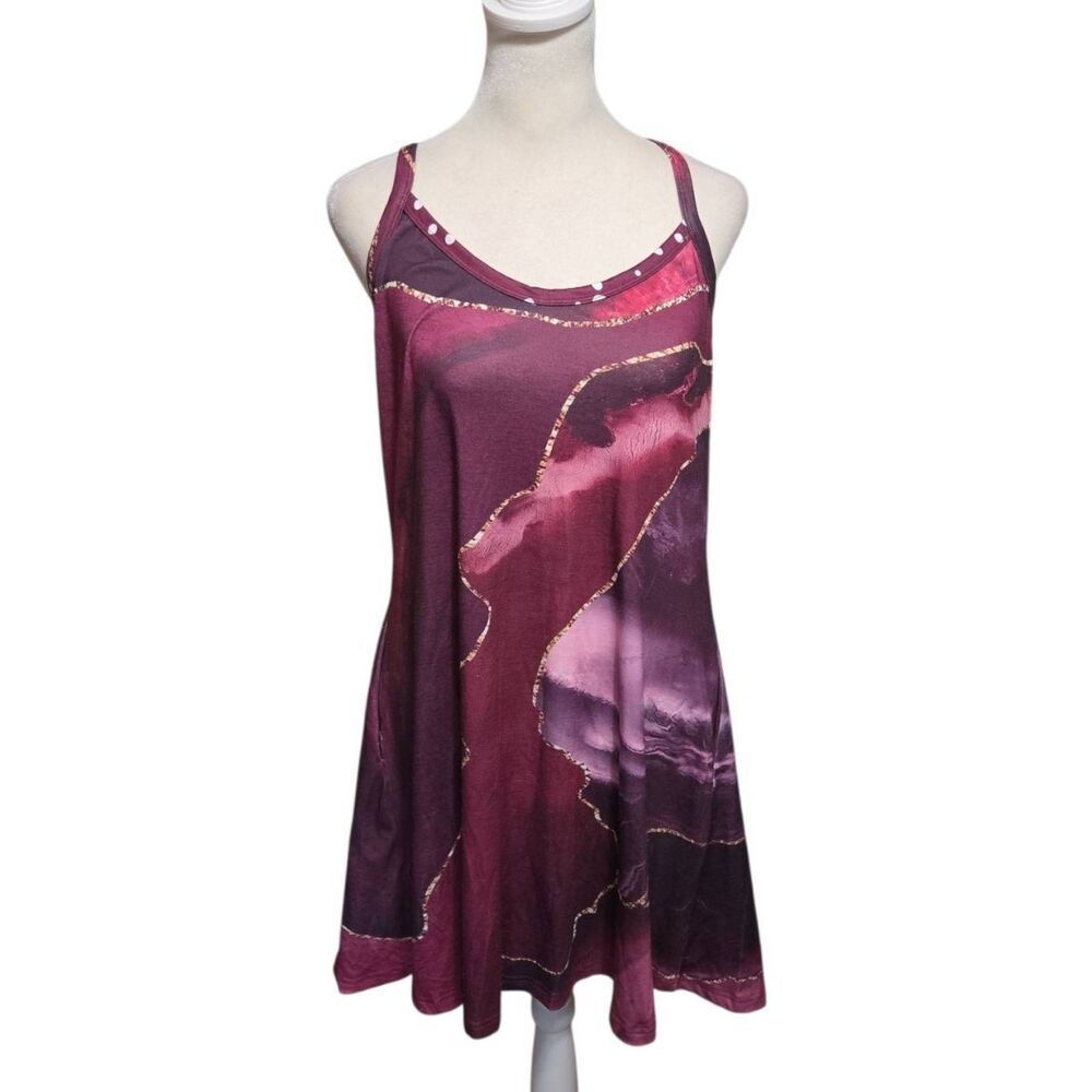Abstract Marble Sleeveless Mini Dress Purple & Pink Pockets Rhinestone Back Size